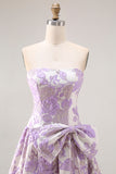 Strapless A Line Lilac Jacquard Brocade Long Prom Dress with Bow