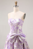 Strapless A Line Lilac Jacquard Brocade Long Prom Dress with Bow