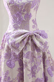 Strapless A Line Lilac Jacquard Brocade Long Prom Dress with Bow