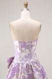 Strapless A Line Lilac Jacquard Brocade Long Prom Dress with Bow