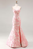 Ivory Pink Floral Sweetheart Corset Jacquard Mermaid Long Prom Dress with Slit