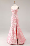 Ivory Pink Floral Sweetheart Corset Jacquard Mermaid Long Prom Dress with Slit