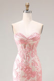 Ivory Pink Floral Sweetheart Corset Jacquard Mermaid Long Prom Dress with Slit