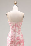 Ivory Pink Floral Sweetheart Corset Jacquard Mermaid Long Prom Dress with Slit