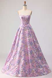 A Line Strapless Lilac Jacquard Corset Long Prom Dress