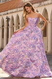 Strapless A Line Lilac Jacquard Corset Long Prom Dress