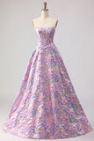 Strapless A Line Lilac Jacquard Corset Long Prom Dress