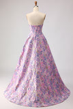 Strapless A Line Lilac Jacquard Corset Long Prom Dress