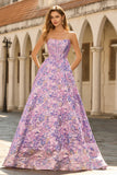Strapless A Line Lilac Jacquard Corset Long Prom Dress