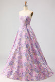 A Line Strapless Lilac Jacquard Corset Long Prom Dress