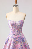 A Line Strapless Lilac Jacquard Corset Long Prom Dress
