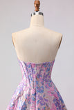 A Line Strapless Lilac Jacquard Corset Long Prom Dress