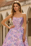Strapless A Line Lilac Jacquard Corset Long Prom Dress