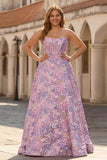 Lilac Strapless A Line Floral Jacquard Corset Plus Size Long Prom Dress