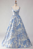 Light Blue A Line Jacquard Corset Long Prom Dress with Pearls