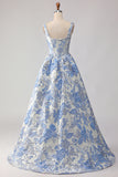 Light Blue A Line Jacquard Corset Long Prom Dress with Pearls