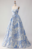 Light Blue A Line Jacquard Corset Long Prom Dress with Pearls