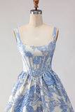 Light Blue A Line Jacquard Corset Long Prom Dress with Pearls