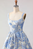 Light Blue A Line Jacquard Corset Long Prom Dress with Pearls