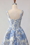 Light Blue A Line Jacquard Corset Long Prom Dress with Pearls