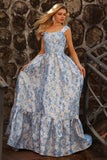 Light Blue Off the Shoulder A Line Jacquard Convertible Long Prom Dress