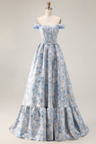 Off the Shoulder Light Blue A Line Jacquard Convertible Long Prom Dress