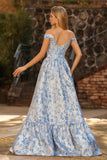 Off the Shoulder Light Blue A Line Jacquard Convertible Long Prom Dress