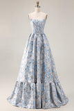Off the Shoulder Light Blue A Line Jacquard Convertible Long Prom Dress