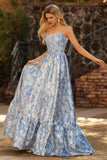 Light Blue Off the Shoulder A Line Jacquard Convertible Long Prom Dress