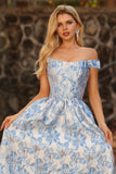 Light Blue Off the Shoulder A Line Jacquard Convertible Long Prom Dress