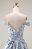 Off the Shoulder Light Blue A Line Jacquard Convertible Long Prom Dress