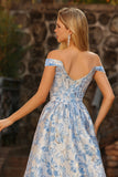 Light Blue Off the Shoulder A Line Jacquard Convertible Long Prom Dress