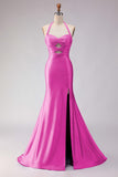 Lilac Beaded Mermaid Halter Cut Out Long Prom Dress with Slit