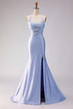 Lilac Beaded Mermaid Halter Cut Out Long Prom Dress with Slit