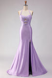 Lilac Beaded Mermaid Halter Cut Out Long Prom Dress with Slit