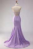 Lilac Beaded Mermaid Halter Cut Out Long Prom Dress with Slit