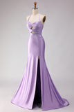 Lilac Beaded Mermaid Halter Cut Out Long Prom Dress with Slit