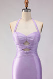 Lilac Beaded Mermaid Halter Cut Out Long Prom Dress with Slit