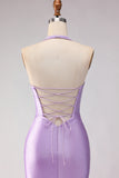 Lilac Beaded Mermaid Halter Cut Out Long Prom Dress with Slit