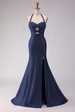Lilac Beaded Mermaid Halter Cut Out Long Prom Dress with Slit
