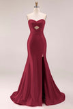 Hot Pink Beaded Mermaid Strapless Cut Out Long Prom Dress with Slit