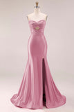 Hot Pink Beaded Mermaid Strapless Cut Out Long Prom Dress with Slit