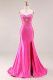 Hot Pink Beaded Mermaid Strapless Cut Out Long Prom Dress with Slit