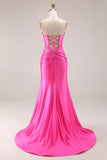 Hot Pink Beaded Mermaid Strapless Cut Out Long Prom Dress with Slit