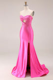 Hot Pink Beaded Mermaid Strapless Cut Out Long Prom Dress with Slit