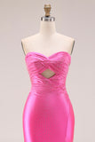 Hot Pink Beaded Mermaid Strapless Cut Out Long Prom Dress with Slit