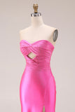 Hot Pink Beaded Mermaid Strapless Cut Out Long Prom Dress with Slit