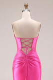 Hot Pink Beaded Mermaid Strapless Cut Out Long Prom Dress with Slit