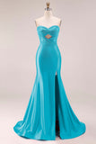 Hot Pink Beaded Mermaid Strapless Cut Out Long Prom Dress with Slit