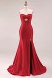 Hot Pink Beaded Mermaid Strapless Cut Out Long Prom Dress with Slit